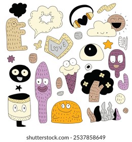 Playful hand drawn doodles featuring quirky characters, unique shapes, and whimsical icons like ice cream and hearts, isolated on white background