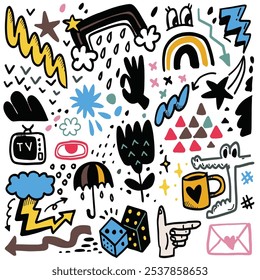 Playful hand drawn doodles featuring various colorful symbols and everyday objects like rainbows, umbrellas, and hands, isolated on white background