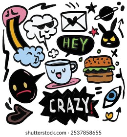 Playful hand drawn doodles featuring quirky expressions, food items, and fun elements like speech bubbles and stars, isolated on white background