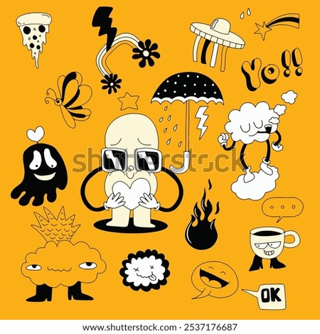 Playful hand drawn doodles featuring quirky characters, emojis, and fun symbols like clouds, UFOs, fire, and pizza on a yellow background.