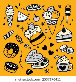 Playful hand drawn doodles of sweet treats including ice cream, cakes, donuts, candies, and coffee on a bright yellow background.