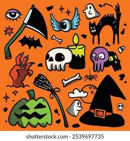 Playful hand drawn Halloween doodle icons featuring skulls, ghosts, a witch hat, and spooky symbols, isolated on an orange background for festive designs