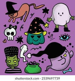 Playful hand drawn Halloween doodle icons featuring cute ghosts, witch hats, a cat, and spooky symbols, isolated on a purple background for festive designs