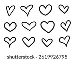 Playful Hand Drawn Heart Outline. A collection of 12 playful hand drawn heart shapes with whimsical and minimalistic styles, perfect for modern, trendy, and romantic designs.
