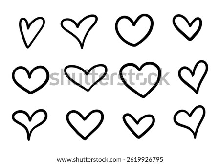 Playful Hand Drawn Heart Outline. A collection of 12 playful hand drawn heart shapes with whimsical and minimalistic styles, perfect for modern, trendy, and romantic designs.