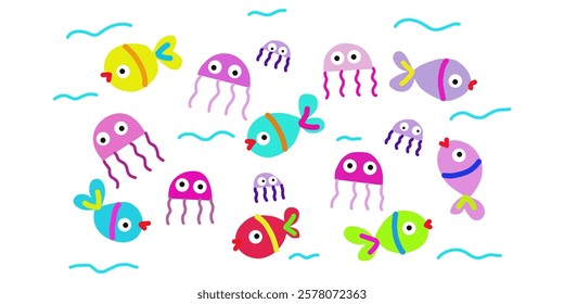 playful hand drawn illustration of colorful fish and jellyfish on a white background. The cute sea creatures have big eyes and bright colors, creating a fun and whimsical underwater pattern