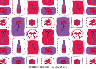 Brincalhão mão desenhado padrão de amor com presentes, rosas, garrafas de vinho, envelopes e arcos de fita em azulejos vermelhos e roxos. Para papel de embrulho, estampas têxteis, scrapbooking e marca romântica.