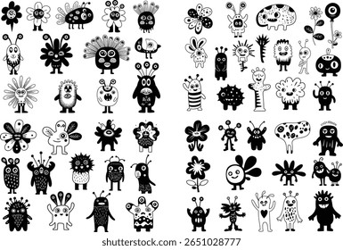 Playful Hand Drawn Monsters and Floral Figures Whimsical Black and White Illustration Featuring a Variety of Cute Creatures