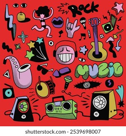 Ícones doodle com tema de música e mão divertida com guitarras, alto-falantes e símbolos divertidos, isolados em um fundo vermelho para designs vibrantes e criativos