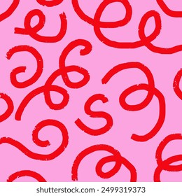 Playful hand drawn pattern, crooked red squiggles. Chaotic ink textured lines on pink background, doodle swirls, wavy strokes, crosshatch. Sketch vector illustration.