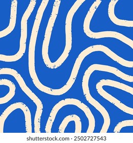 Playful hand drawn pattern, curved beige lines. Chaotic ink textured lines on blue background, doodle swirls, wavy strokes, crosshatch, squiggles. Sketch vector illustration.