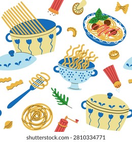 Playful hand drawn seamless vector pattern featuring Italian pasta, cooking pots, colander, spaghetti, fork, herbs, and seasonings. Colorful kitchen illustration with modern textured style for food packaging and culinary designs