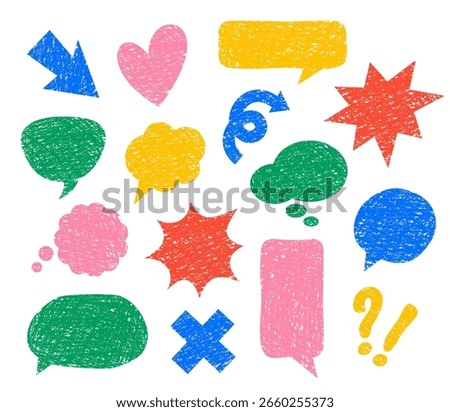 Playful hand drawn speech bubbles, stickers with crayon or chalk texture. Round, oval, rectangular text balloons. Heart, arrow, burst shape, question mark in a childish scribble style in bright colors