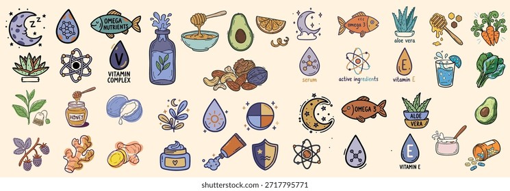 Un divertido juego de pegatinas dibujadas a mano muestra íconos de suplementos naturales dispuestos en un amplio Anuncio, ideales para empaques de bienestar, diseño de etiquetas, publicaciones sociales y maquetas de productos, vibrantes.
