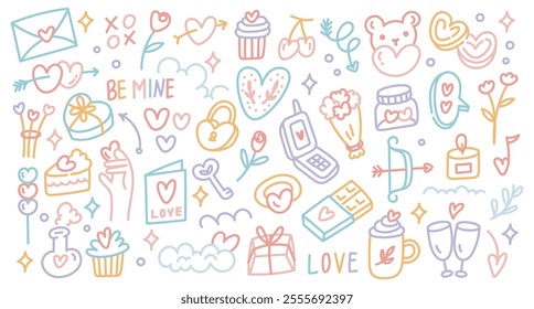 Playful Hand Drawn Valentine's Day Doodle Line Art Collection for Greeting Card or Any Design Project