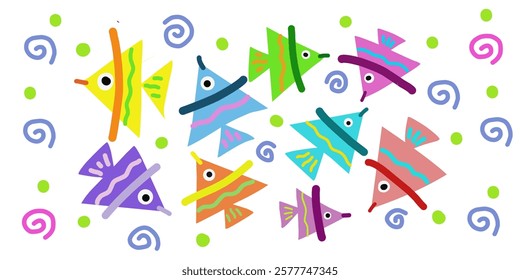 playful hand drawn vector illustration of colorful fish. Perfect for children’s designs, aquatic themes, fun prints, and creative projects. Whimsical and artistic underwater