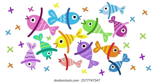 playful hand drawn vector illustration of colorful fish. Perfect for children’s designs, aquatic themes, fun prints, and creative projects. Whimsical and artistic underwater