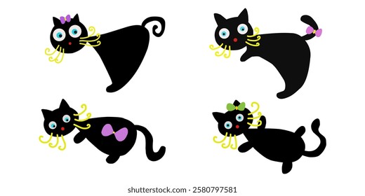 playful hand drawn vector illustration of black cats in various dynamic poses, doodles set vector