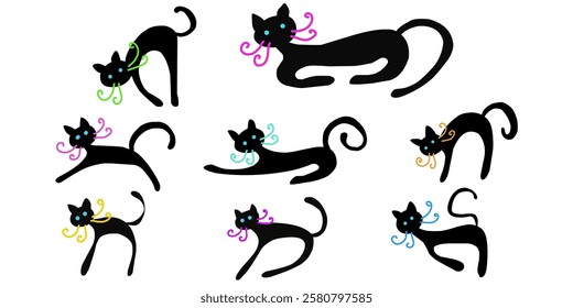 playful hand drawn vector illustration of black cats in various dynamic poses, doodles set vector