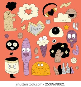 Playful hand drawn whimsical doodle characters with quirky expressions, clouds, and random shapes, isolated on an orange background for creative designs