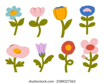 Playful Hand Drawn Whimsical Flowers. A set of playful hand-drawn whimsical flowers with bold shapes and bright colors. Perfect for kids’ designs, stationery, and cheerful decorations
