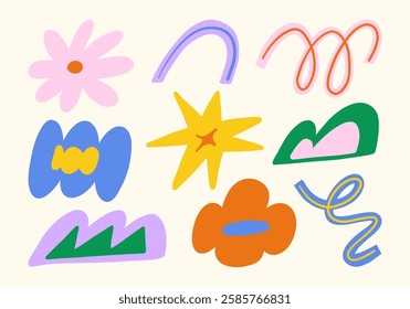 Playful Hand-Drawn Abstract Shape. A collection of playful hand-drawn abstract shapes featuring vibrant colors, organic forms, and dynamic strokes