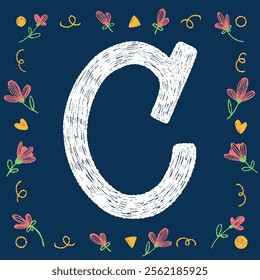 Playful hand-drawn alphabet letter C with decorative elements on a blue background, ideal for educational and creative design projects.