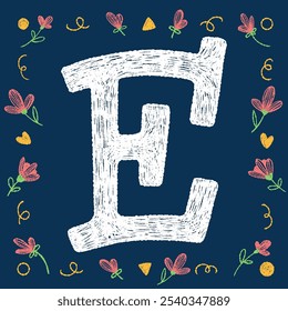 Playful hand-drawn alphabet letter E with decorative elements on a blue background, ideal for educational and creative design projects.