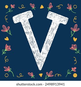 Playful hand-drawn alphabet letter V with decorative elements on a blue background, ideal for educational and creative design projects.