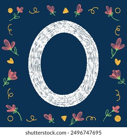Playful hand-drawn alphabet letters with decorative elements on a blue background, ideal for educational and creative design projects.