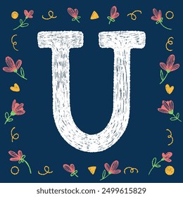 Playful hand-drawn alphabet letters with decorative elements on a blue background, ideal for educational and creative design projects.