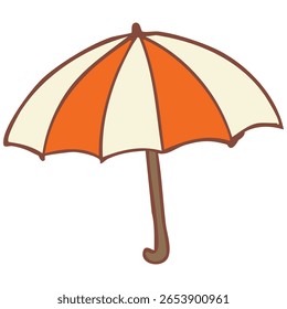 A playful, hand-drawn beach umbrella with alternating orange and cream stripes, outlined in brown. Isolated on a white background, perfect for summer, vacation, and sunny themes.