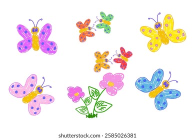 Playful hand-drawn butterflies in bright colors fluttering around pink flowers on a white background.