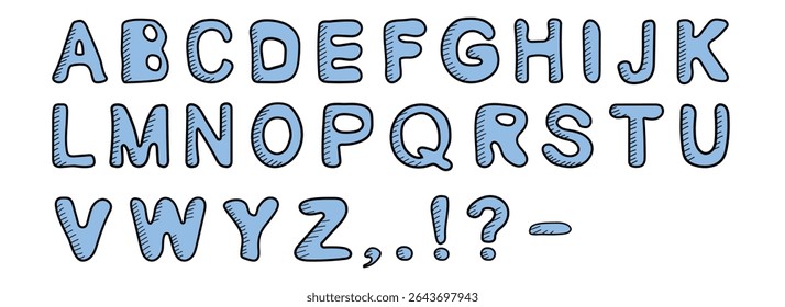 Playful hand-drawn cartoon alphabet in blue uppercase bubble letters. Fun doodle font for kids, back to school, posters, books, and creative projects. Includes punctuation. Isolated on white.