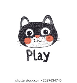 Playful Hand-Drawn Cat Illustration with Play Text for children s designs, fun decor, or playful artwork projects.