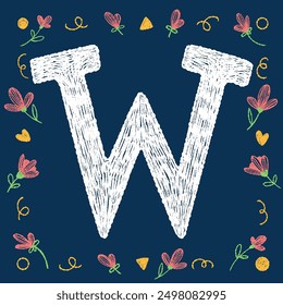 Playful hand-drawn chalk textured alphabet letter W with decorative elements on a blue background, ideal for educational and creative design projects.