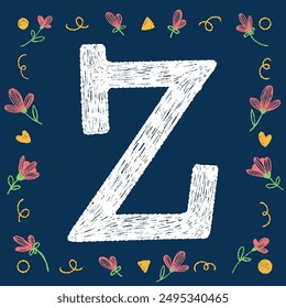 Playful hand-drawn chalk textured alphabetical letter Z with decorative elements on a blue background, ideal for educational and creative design projects.