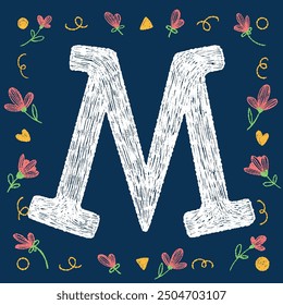 Playful hand-drawn chalk textured uppercase letter M with decorative elements on a blue background, ideal for educational and creative design projects.