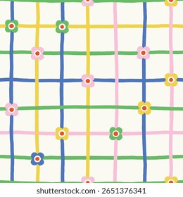 Playful Hand-drawn Checkered Lines Pattern with cute Colorful Flowers 