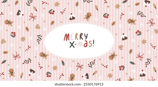 A playful hand-drawn Christmas card with a soft pink striped background. Featuring festive doodle elements and the message Merry X-mas. Perfect for sending holiday cheer and warm wishes.