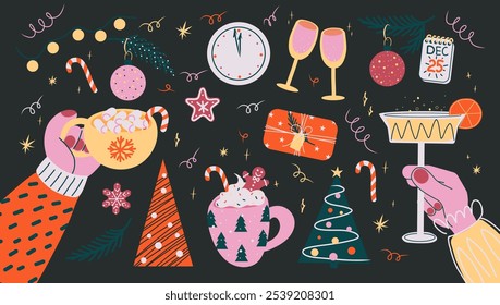 Playful hand-drawn Christmas and New Year holiday illustration in flat style with modern bright colors. Elements such as hot cocoa, cocktails, candy canes, Christmas trees, gift boxes, holiday lights