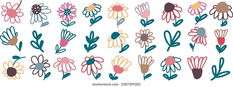 Playful hand-drawn daisy doodle flower icon pack with bold lines and charming details, perfect for nature-inspired designs, floral branding, and creative projects.