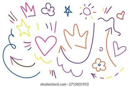 Playful handdrawn doodle design elements collection featuring colorful hearts stars crowns arrows and suns for cheerful creative projects