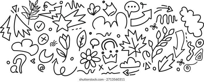 A playful, hand-drawn doodle featuring various nature and fantasy elements in a whimsical style.