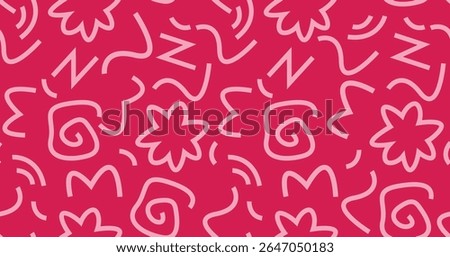 Playful hand-drawn doodle pattern on vibrant pink background. Features abstract shapes and swirls for creative textile, wallpaper, or branding use. Ideal for fun, artistic design projects.