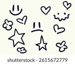 Playful hand-drawn doodle set featuring smiley faces, sad face, hearts, stars, flowers, and a wavy creature. Fun sketch style perfect for creative and youthful designs.