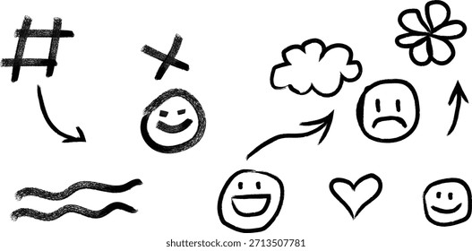 Conjunto de doodle desenhado à mão brincalhão com emojis faces, setas, corações, nuvens e símbolos de esboço, perfeito para planejadores, design de interface do usuário, mídias sociais, adesivos e projetos gráficos criativos.