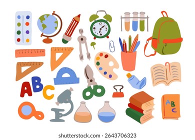 Playful hand-drawn doodle style vector collection! Includes backpack, globe, rulers, pencils, books, microscope, plus extras. Lively, imperfect lines, vibrant colors. For stickers, education apps