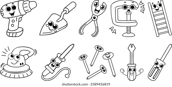 Playful hand-drawn doodles of construction tools, including drills, wrenches, and nails, in a cute style