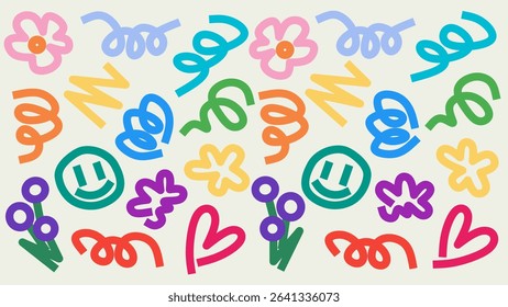 Playful hand-drawn doodles including hearts, smiley faces, flowers, and spirals in vibrant colors. Perfect for kids' designs, social media graphics, and creative abstract backgrounds.